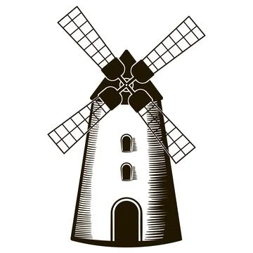 Windmill in hand drawn style isolated on whiye background. Stock Illustration
