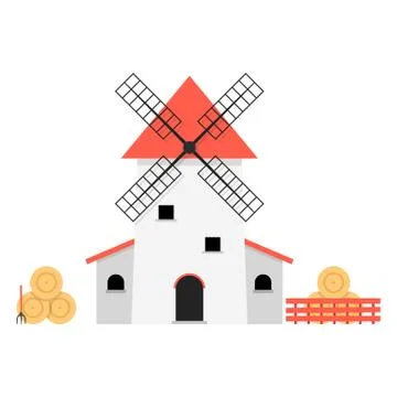 Windmill with haystacks Stock Illustration