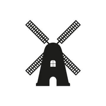 Windmill icon. Vector black silhouette of mill isolated on white background. Stock Illustration