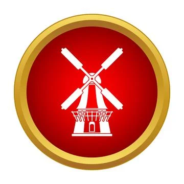 Windmill icon in white inside a red circle with a golden border 스톡 일러스트