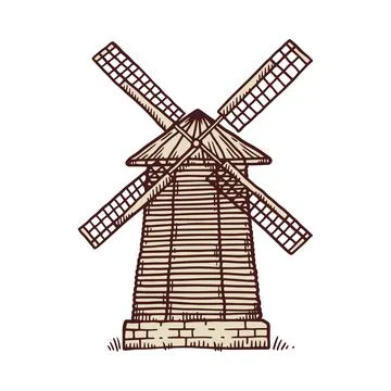 Windmill icon, wooden building of old rural wind mill in vector sketch style Stock Illustration