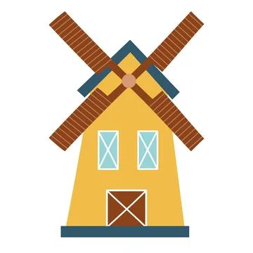 Windmill isolated element in cartoon style. Hand drawn farm mill icon on white Stock Illustration