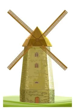 Windmill isolated vector on white background. Wind Mill Flour Farm. Old stone Stock Illustration