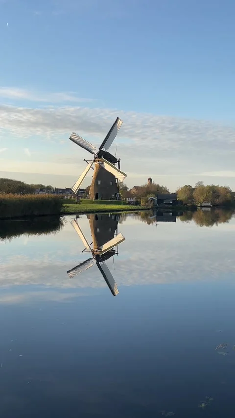 A windmill with its reflection in the water at kinderdijk Stockbeeldmateriaal 295361478