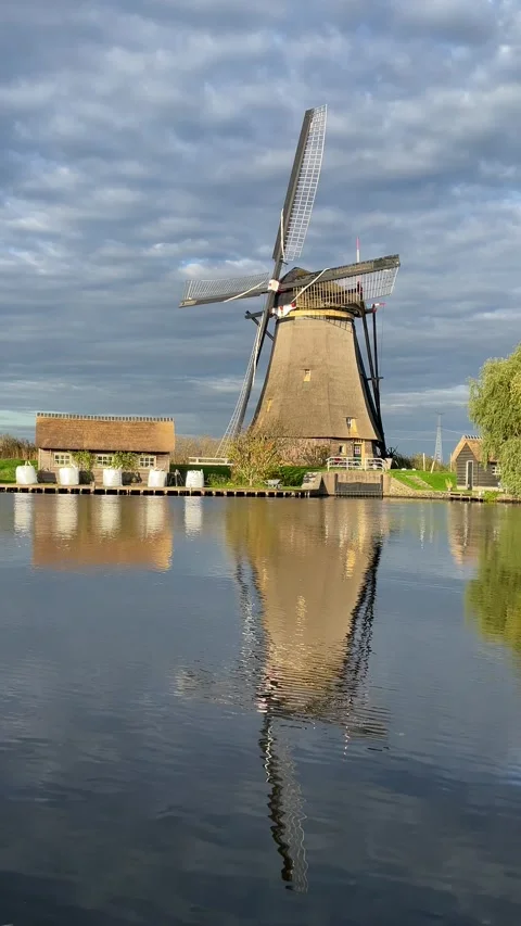 A windmill with its reflection in the water at kinderdijk Video stock 295361504