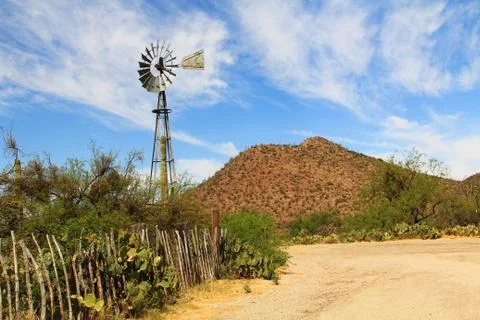 Windmill on La Posta Quemada Ranch in Colossal Cave Mountain Park Stock Photos