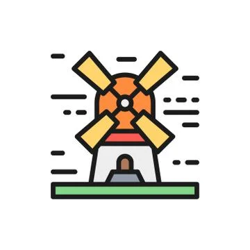 Windmill landscape flat color line icon. Isolated on white background Stock Illustration