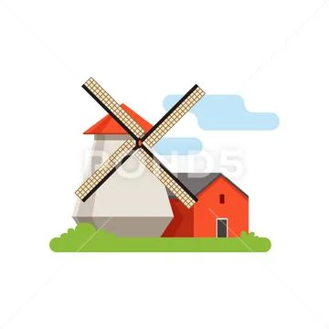 Windmill, mill, rural landscape, farm building, countryside life object vector Stock Illustration
