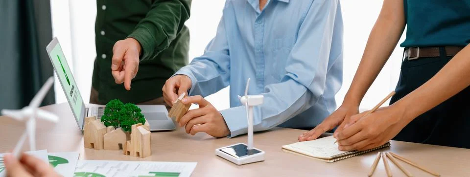 Windmill model and environmental document was placed at table. Delineation. 스톡 사진