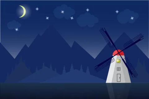 Windmill in mountain landscape Stock Illustration