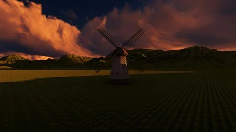 Windmill in the mountains at dawn. 3D Render Stock Illustration