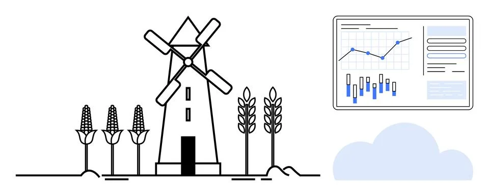 Windmill next to corn and wheat crops, with a data analytics screen display.. イラスト素材