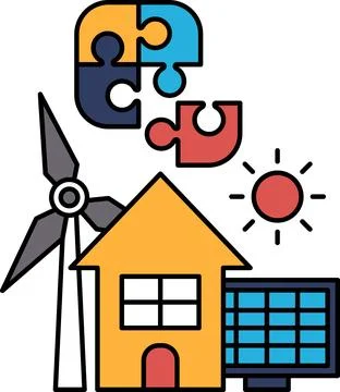 A windmill is next to a house and a puzzle Ilustración de archivo