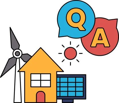 A windmill is next to a house and a solar panel Stock Illustration