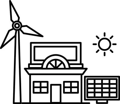 A windmill is next to a house with solar panels Ilustración de archivo