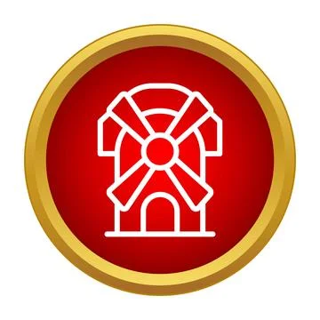 Windmill outline set on a circular red and gold background Stock Illustration