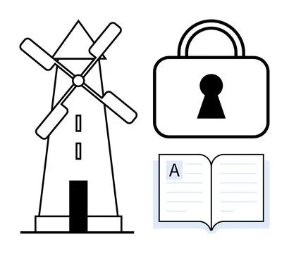 Windmill, padlock with keyhole, and open book with letter A. Ideal for renewa Stock Illustration