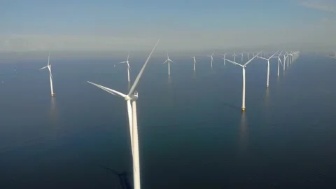Windmill park green energy from drone view, windmill ofsshore wind farm in the Stock Footage