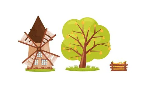 Windmill, Pear Tree and Crate with Fruits as Village Elements Vector Set 库存插图