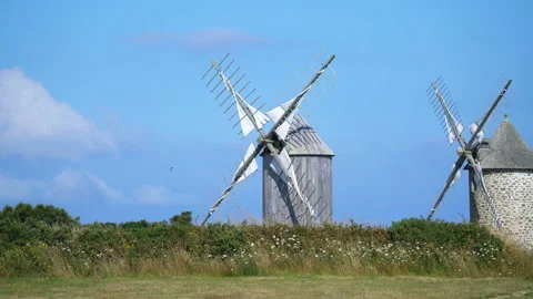 Windmill, Pointe du Van, Brittany, France, Europe. Stock Footage 142813872