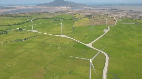 Windmill power station drone view. Aerial landscape wind turbine on green field Stock Footage 106754517