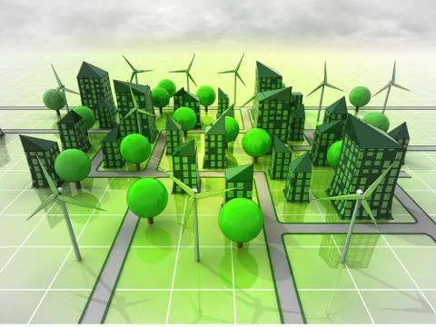 Windmill powered city concept illustration イラスト素材