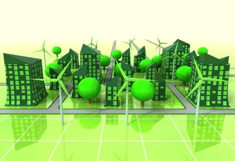 Windmill powered city perspectiveview illustration イラスト素材