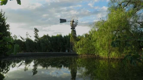 Windmill reflecting in a tranquil pond at sunset with lush greenery. Full HD Stock Footage 308420960