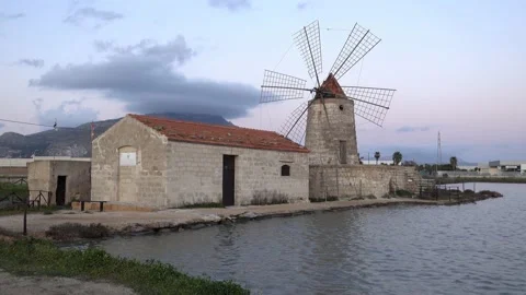 Windmill of Riserva Naturale Saline Visitor Centre in Trapani, Sicily. Stock Footage 136036982