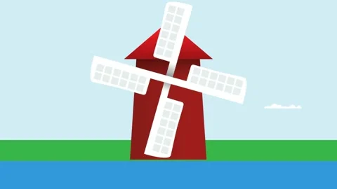 Windmill by the river with spinning blades. Animated illustration, simple fla Stock Footage 170693386