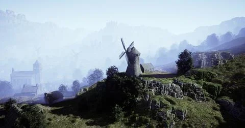 Windmill on rocky hilltop surrounded by misty mountains at dawn Stock Illustration