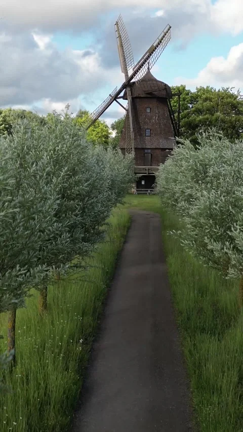 Windmill seen from a walking road a windy day 2 Stock Footage 277158829