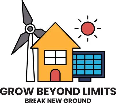 A windmill is shown next to a house and a solar panel Stock Illustration