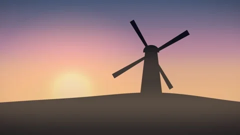Windmill silhouette against sunset sky. 2d animation Stock Footage 344380603