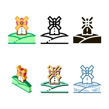 Windmill in simplified meadow icon vector outline Stock Illustration