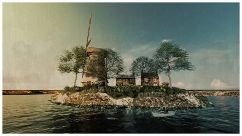 Windmill on a small island Stock Illustration