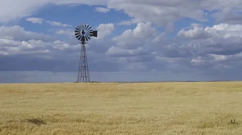 Windmill Spinning in grain field Stock Footage 66497433