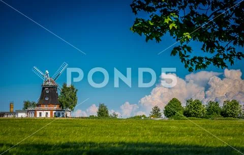 Windmill in spring behind a grain field Stock Photos