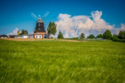 Windmill in spring behind a grain field Stock Photos