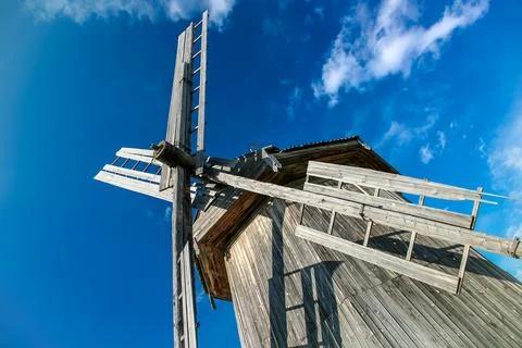 A windmill is standing in a field in Arkaim Ural Russia. Stock Photos