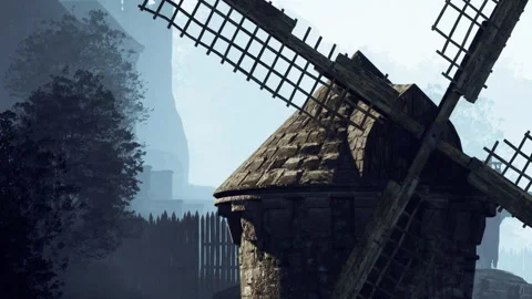 Windmill Stands Tall Against a Misty Backdrop of Ancient Ruins and Nature Stock Footage 344821640