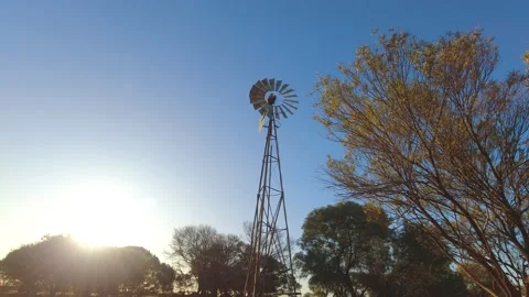 Windmill stops spinning / no more wind = no more water / climate change / 4k Stock Footage 218999168