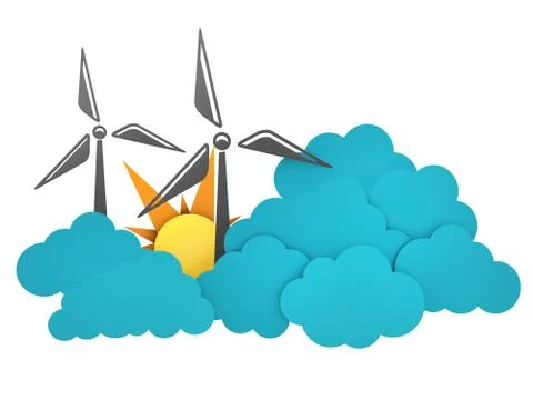 Windmill, sun and cloud flat design 3d illustration, isolated withe backgroun Stock Illustration
