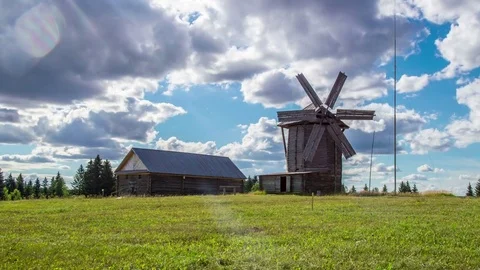 Windmill sunny cloudy weather Windmill Video loop Stock Footage 73868975