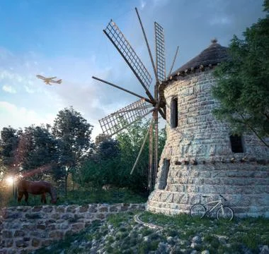 Windmill on sunset background and plane travel technology concept composition Illustrazione stock