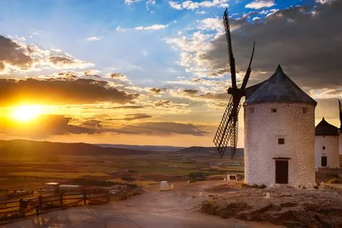 Windmill at sunset, Consuegra, Spain 스톡 사진