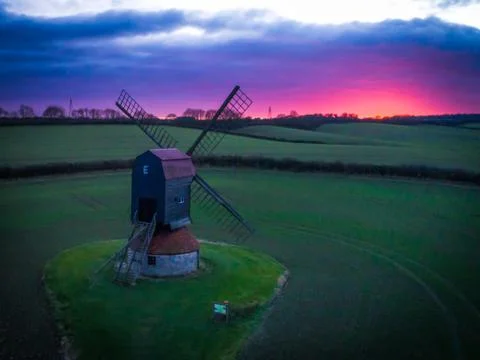 Windmill At Sunset in the Uk Using a Drone For Aerial Photography Stock Photos