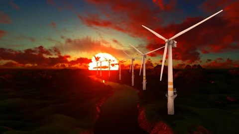 Windmill at sunset,red clouds running over Stock Footage 87325320