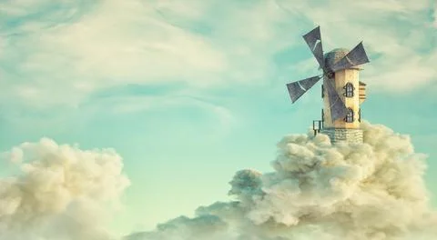 Windmill on top of a cloud in the sky . Stock Illustration