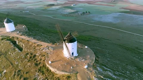 Windmill tower on Cerro Calderico mountain in Consuegra, Spain Stock Footage 175951447